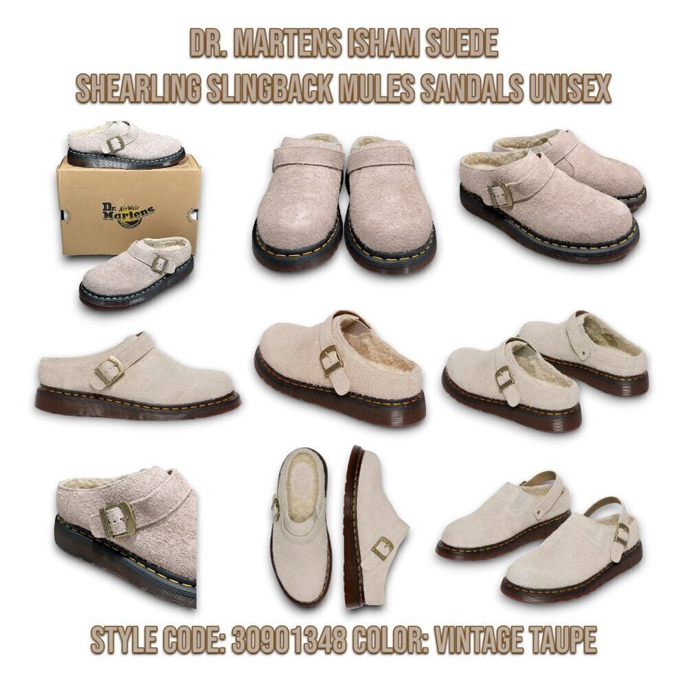 Dr. Martens Isham Taupe Shearling Slingback Mules Sandals Unisex US W-9 M-8 _A1